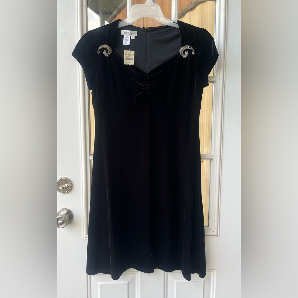 Coldwater Creek Black Velvet Midi Dress with Rhinestone Shoulder Accents